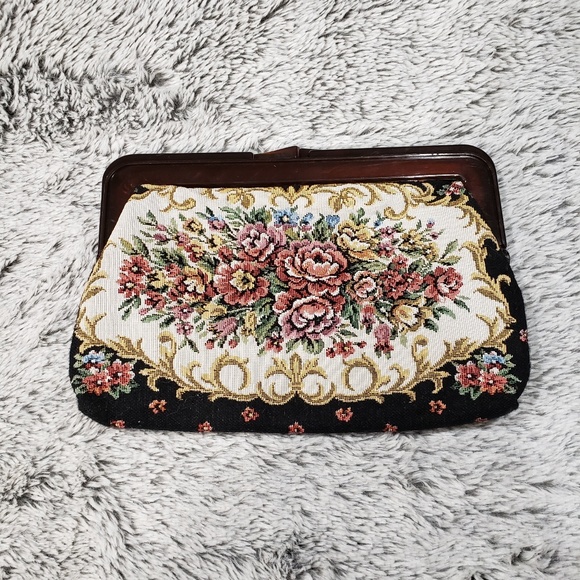 VINTAGE Embroidered Flowers Kisslock Clutch - Picture 2 of 3